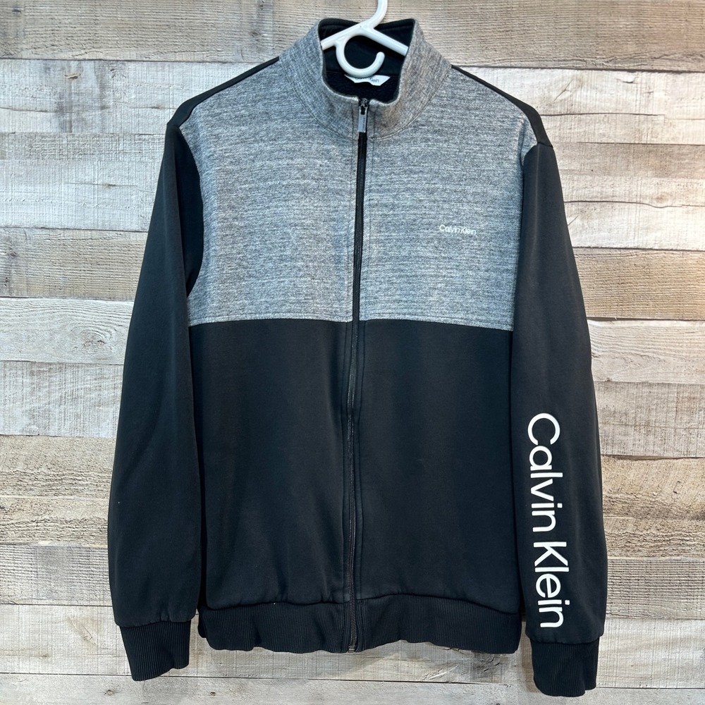 Calvin Klein Mens Full Zip Track Jacket Black Gray Colorblock Logo Fleece Medium